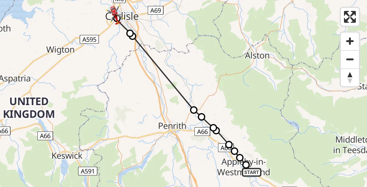 Flight route Air Ambulance Helicopter Murton - Carlisle General, 15 May 2026, 17:30