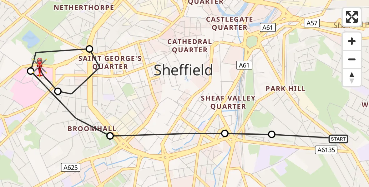 Flight route Air Ambulance Helicopter Wybourn - Sheffield Childrens Hospital, 15 May 2026, 17:33