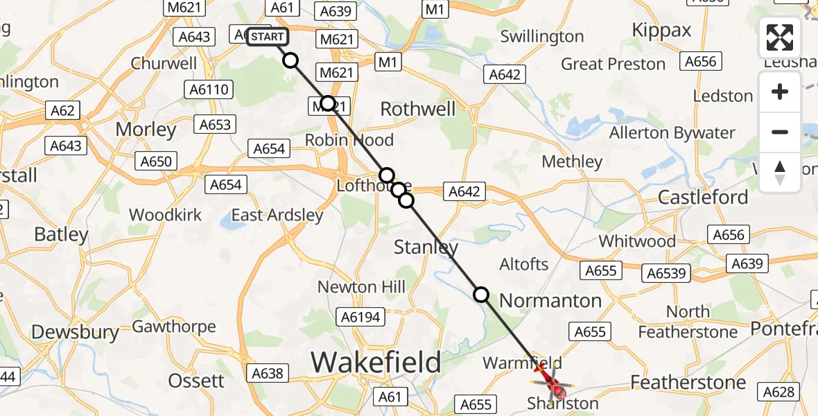 Flight route Air Ambulance Helicopter Belle Isle - Sharlston, 15 May 2026, 17:36