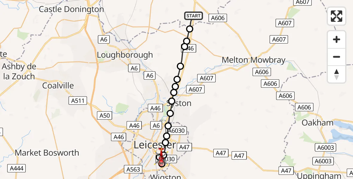 Flight route Air Ambulance Helicopter Willoughby on the Wolds - Stoneygate, 15 May 2026, 17:56