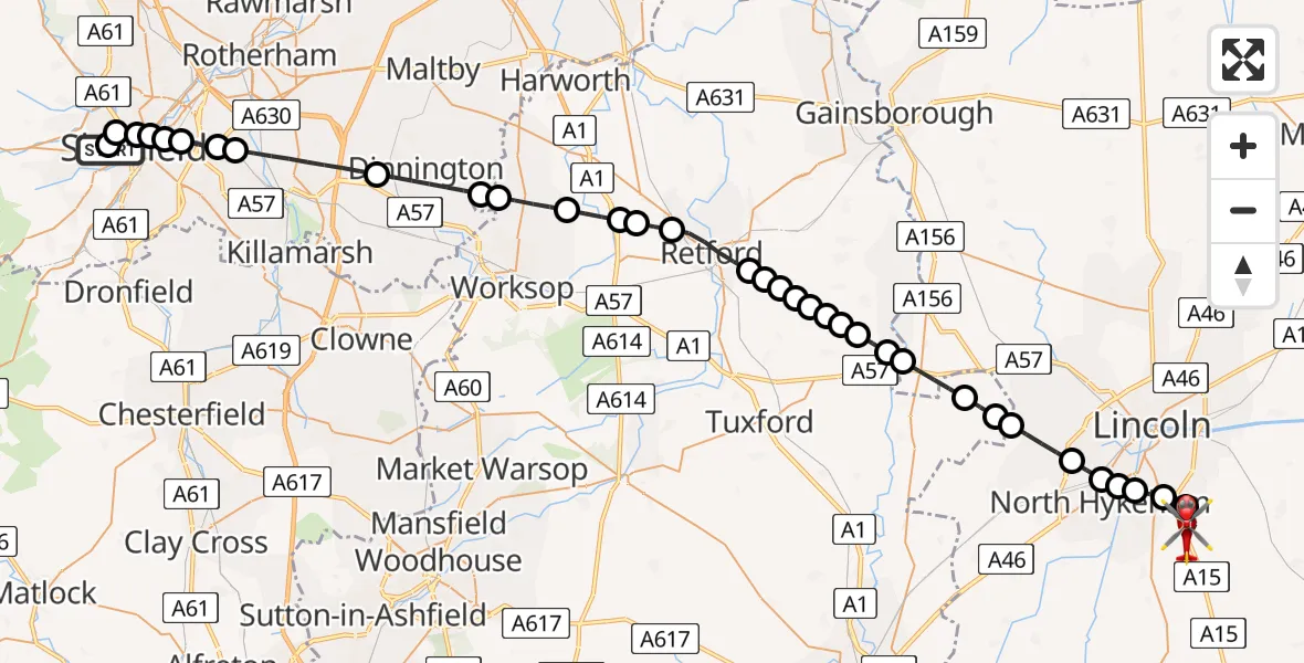 Flight route Air Ambulance Helicopter Sheffield Childrens Hospital - North Kesteven, 15 May 2026, 17:58