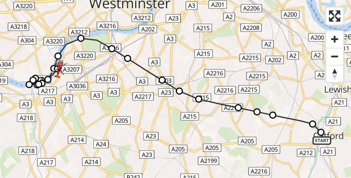 Flight route Air Ambulance Helicopter Ladywell - London Heliport, 15 May 2026, 17:58
