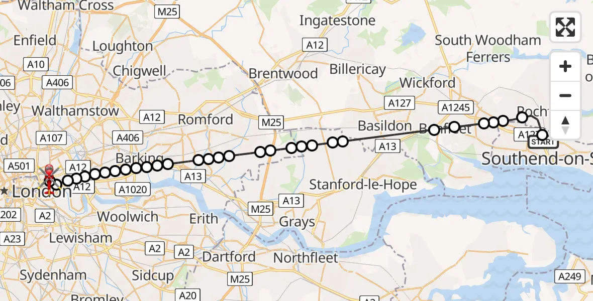 Flight route Air Ambulance Helicopter Prittlewell - Royal London Hospital, 15 May 2026, 18:04