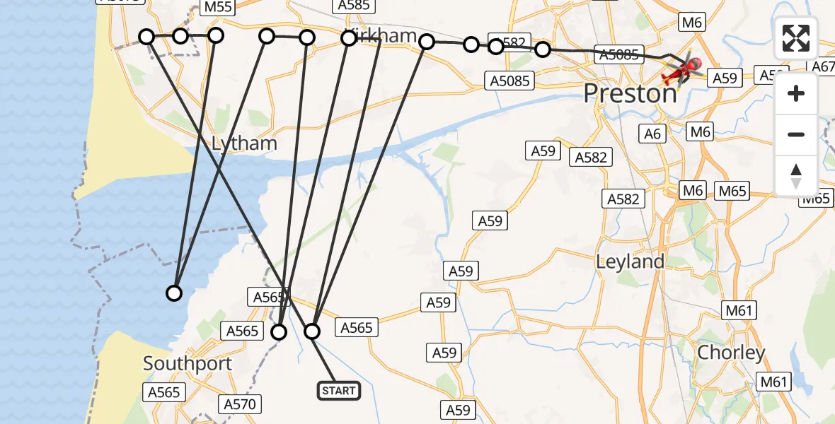 Flight route Air Ambulance Helicopter West Lancashire - Preston, 15 May 2026, 18:11