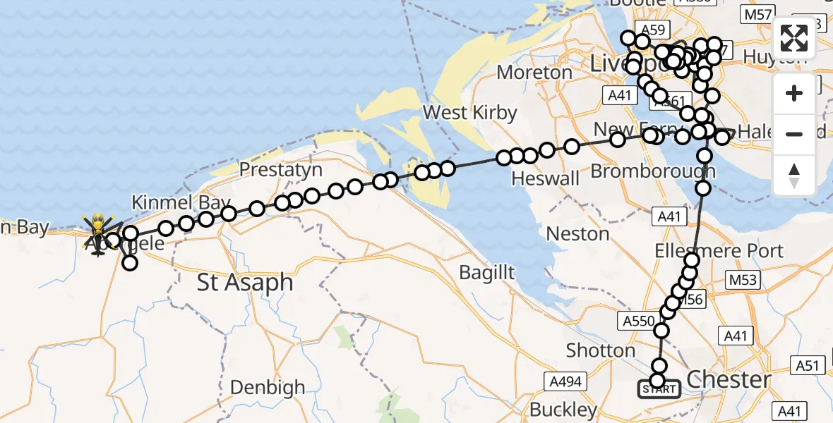 Flight route Police Helicopter Hawarden Airport - Abergele, 15 May 2026, 18:22