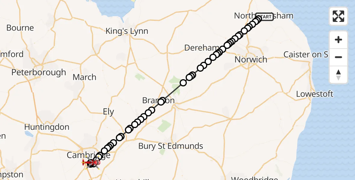 Flight route Air Ambulance Helicopter North Walsham - Papworth Hospital, 15 May 2026, 18:29
