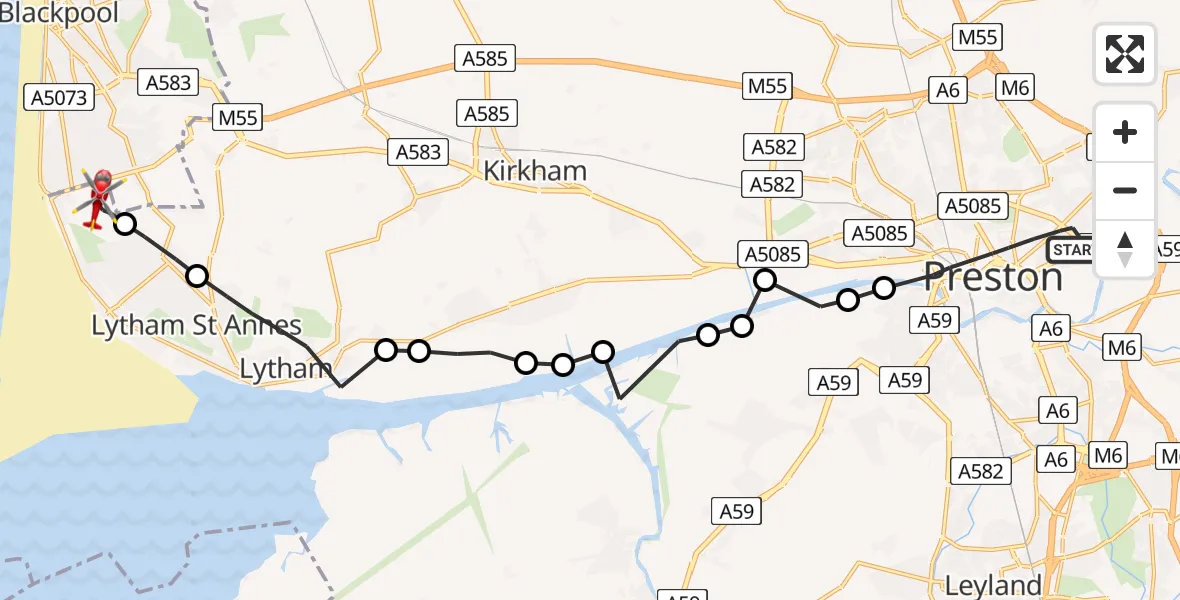 Flight route Air Ambulance Helicopter Preston - Blackpool Airport, 15 May 2026, 18:47