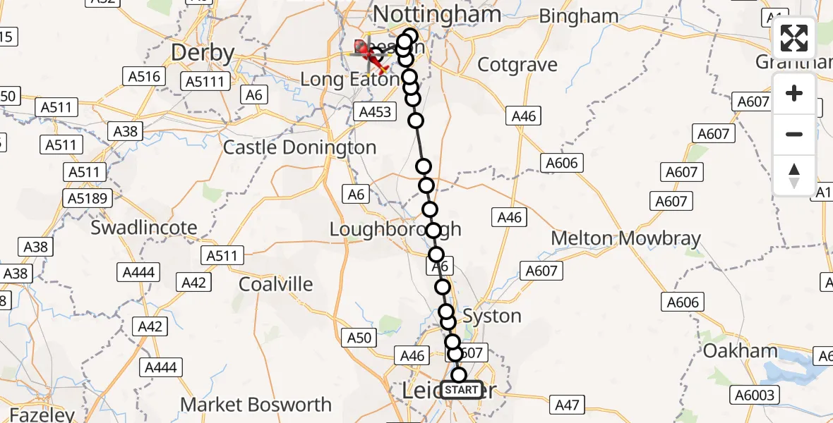 Flight route Air Ambulance Helicopter Highfields - Attenborough, 15 May 2026, 18:49