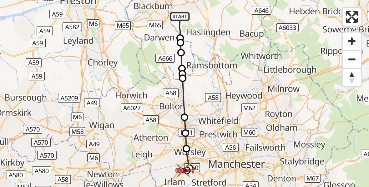 Flight route Air Ambulance Helicopter Oswaldtwistle - Manchester Barton Aerodrome, 15 May 2026, 18:50