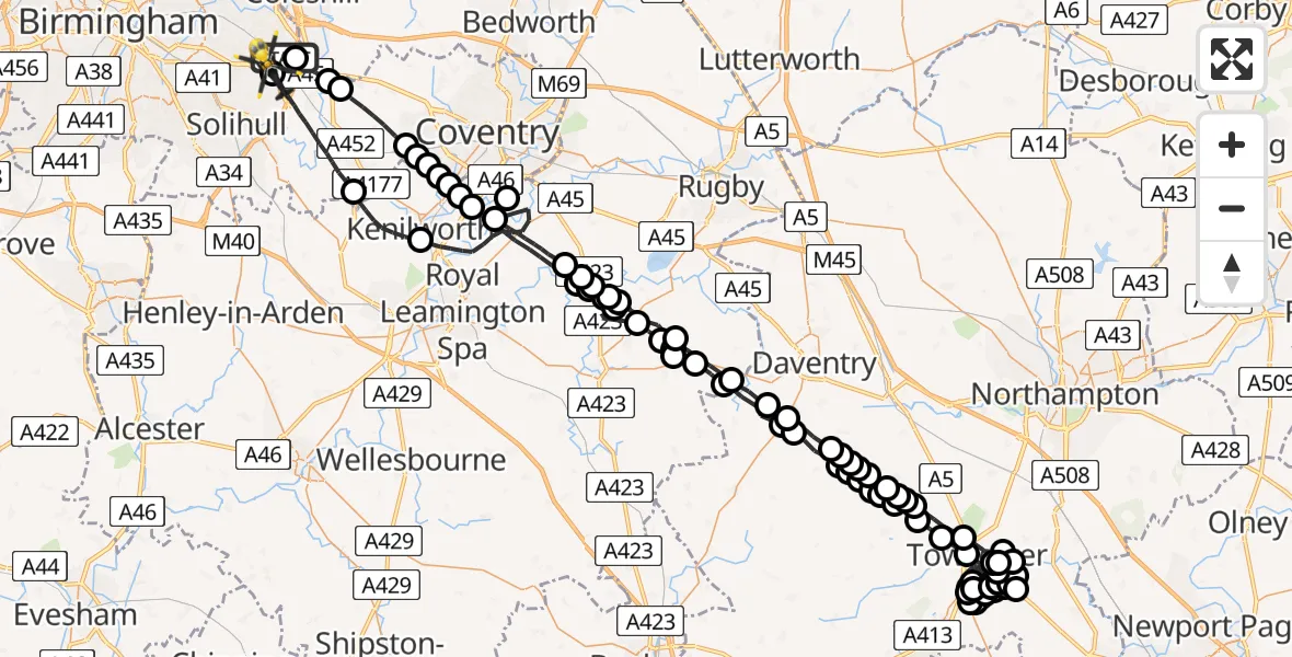 Flight route Police Helicopter Solihull - Birmingham Airport, 15 May 2026, 18:54