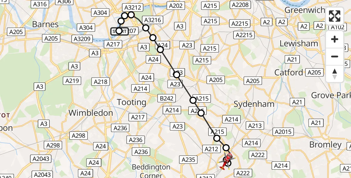 Flight route Air Ambulance Helicopter London Heliport - South Norwood, 15 May 2026, 18:59