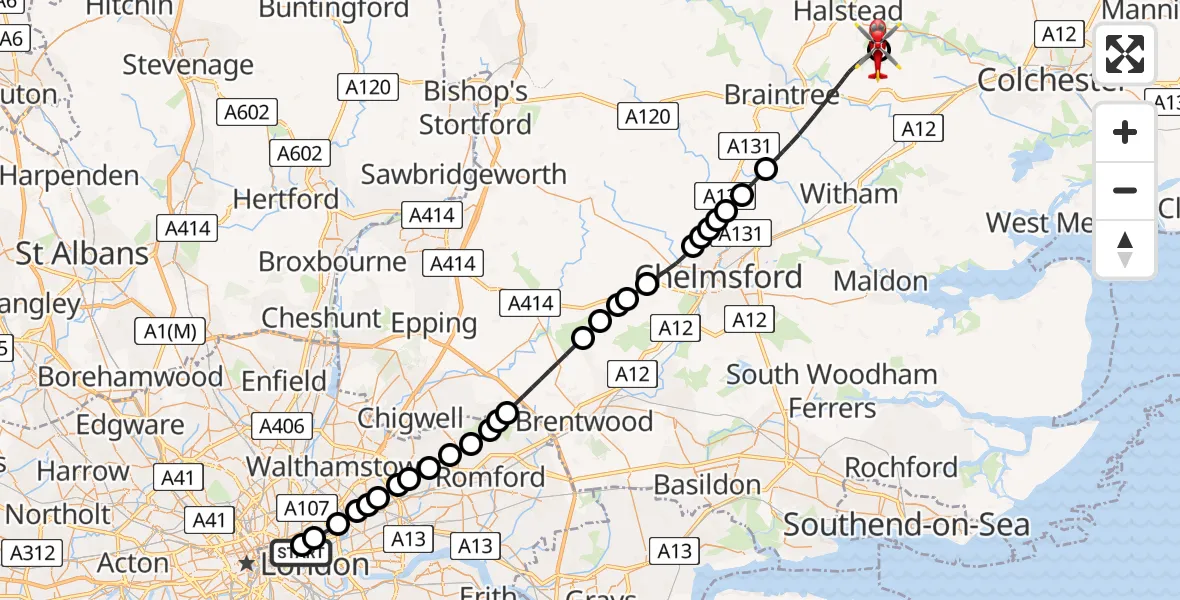 Flight route Air Ambulance Helicopter Royal London Hospital - Earls Colne Airfield, 15 May 2026, 19:10