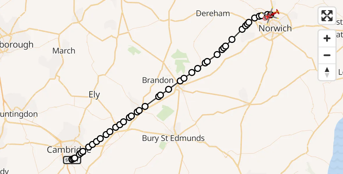 Flight route Air Ambulance Helicopter Papworth Hospital - Norwich Airport, 15 May 2026, 19:17