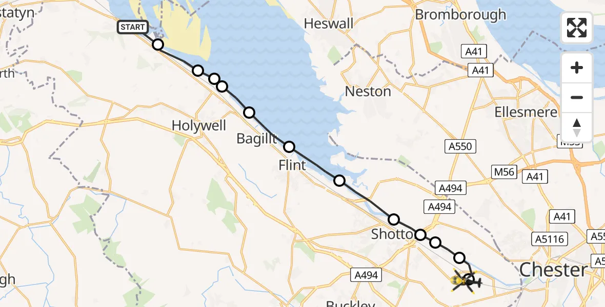 Flight route Police Helicopter Ffynnongroyw - Hawarden Airport, 15 May 2026, 19:18