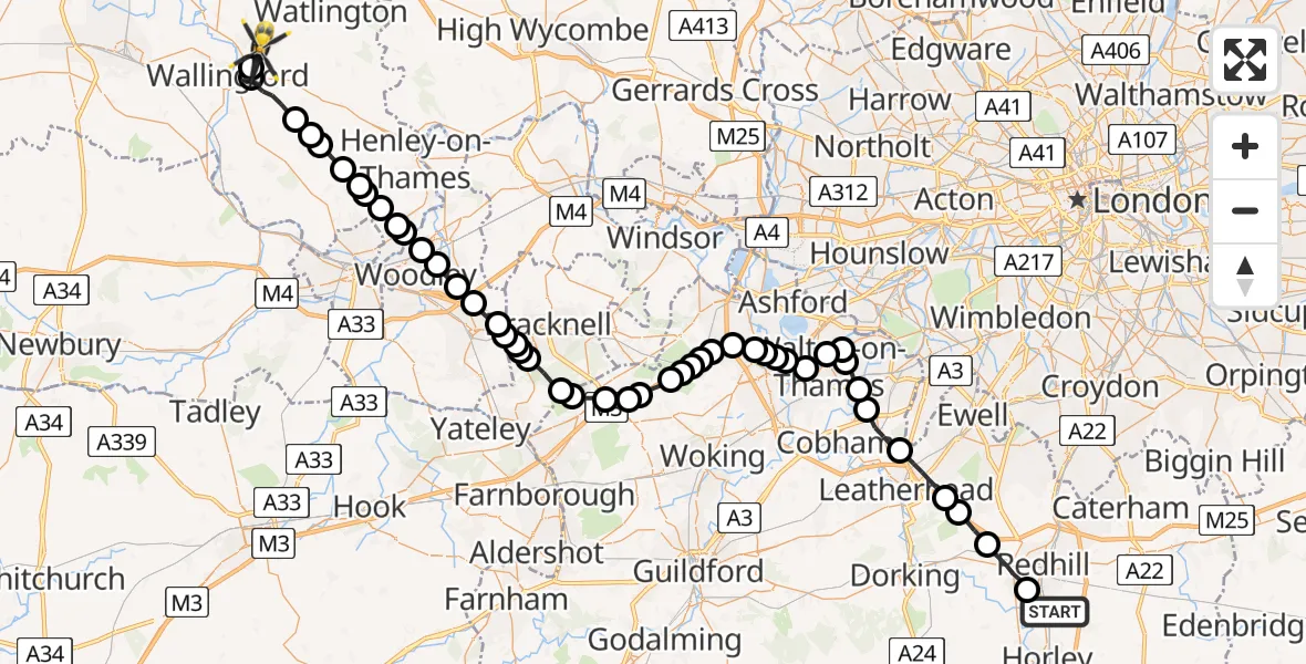 Flight route Police Helicopter Salfords - RAF Benson, 15 May 2026, 19:20