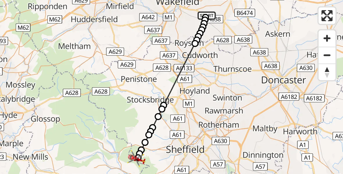 Flight route Air Ambulance Helicopter YAA Nostell Helicopter Port - Sheffield, 15 May 2026, 19:31
