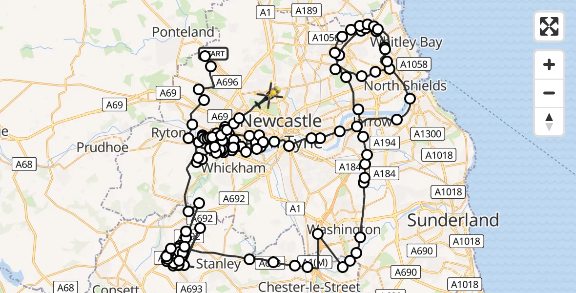 Flight route Police Helicopter Newcastle International Airport - Cowgate, 15 May 2026, 19:39