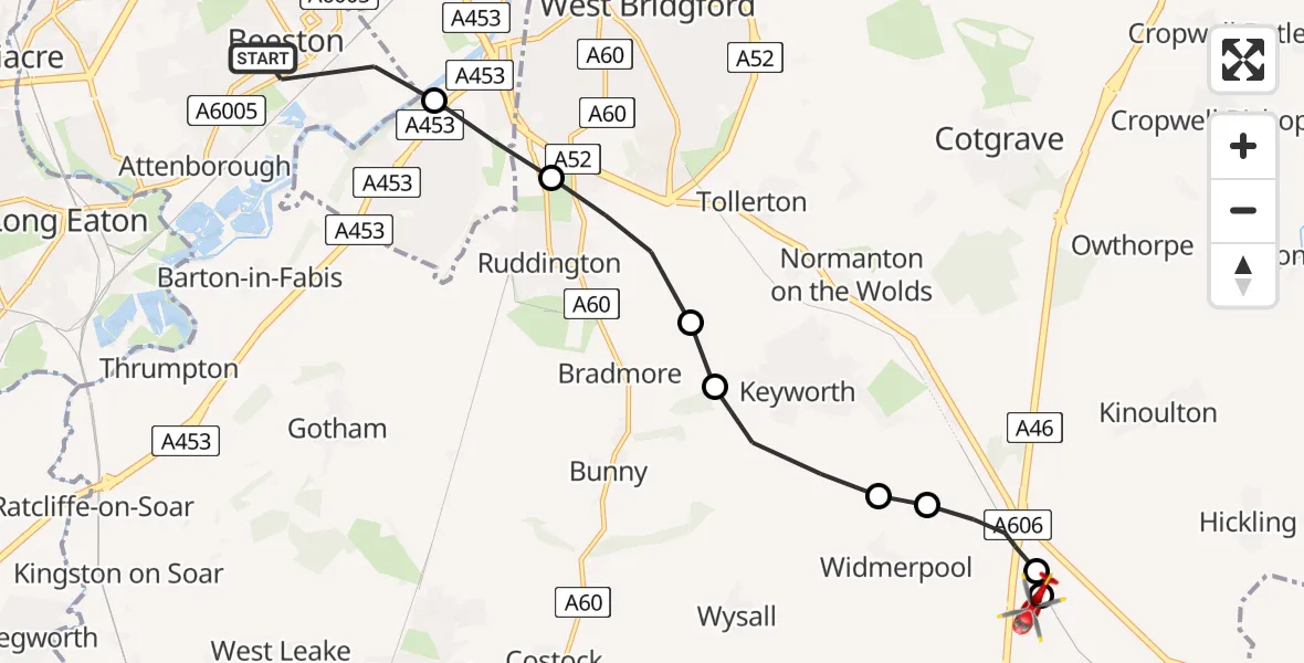 Flight route Air Ambulance Helicopter Beeston - Nottingham Heliport, 15 May 2026, 19:41