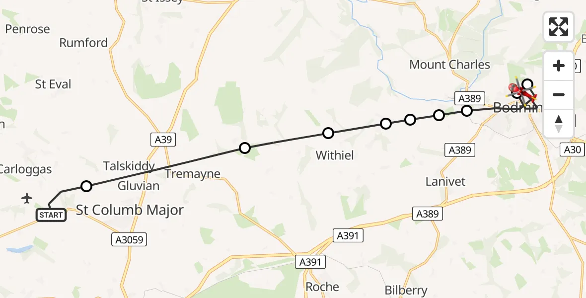 Flight route Air Ambulance Helicopter Cornwall Airport Newquay - Bodmin, 15 May 2026, 19:46