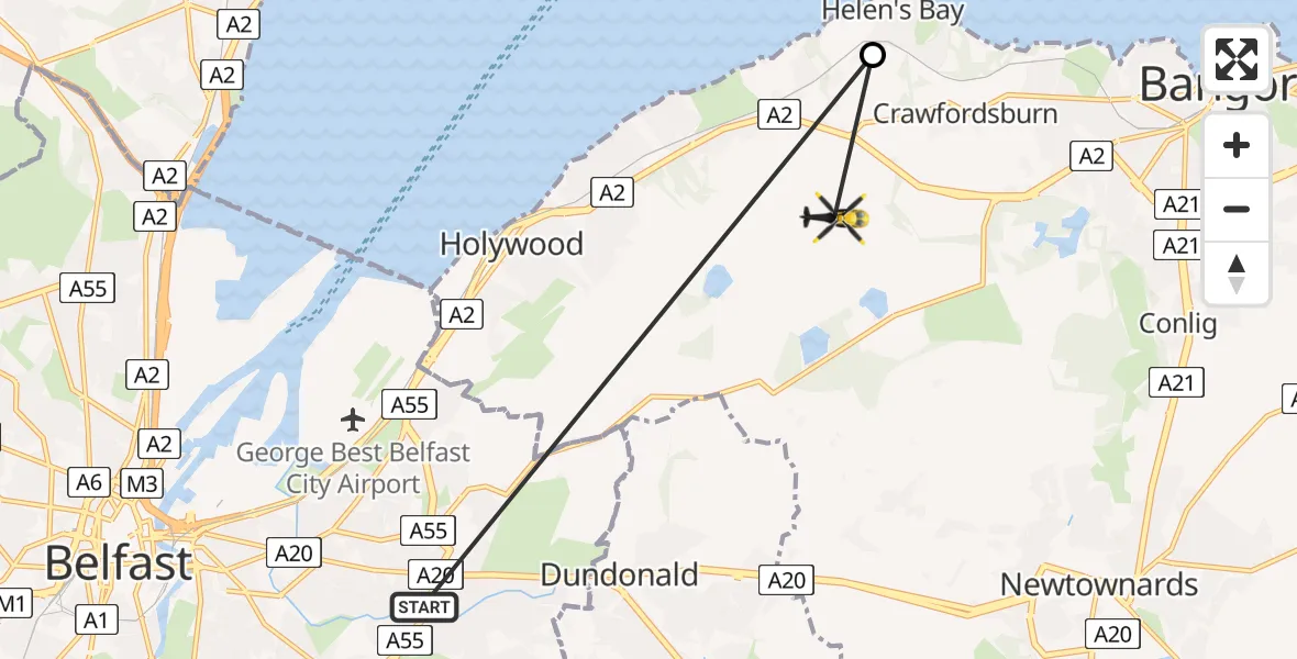 Flight route Police Helicopter Belfast City District - Bangor, 15 May 2026, 20:03