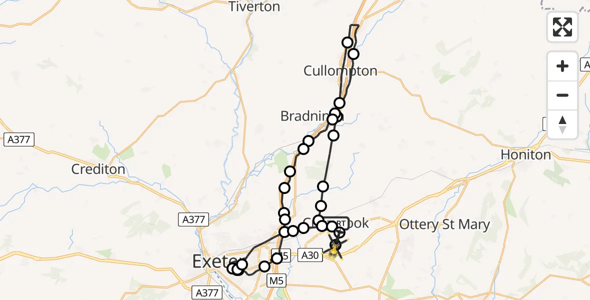 Flight route Police Helicopter Cranbrook - Exeter International Airport, 15 May 2026, 20:06