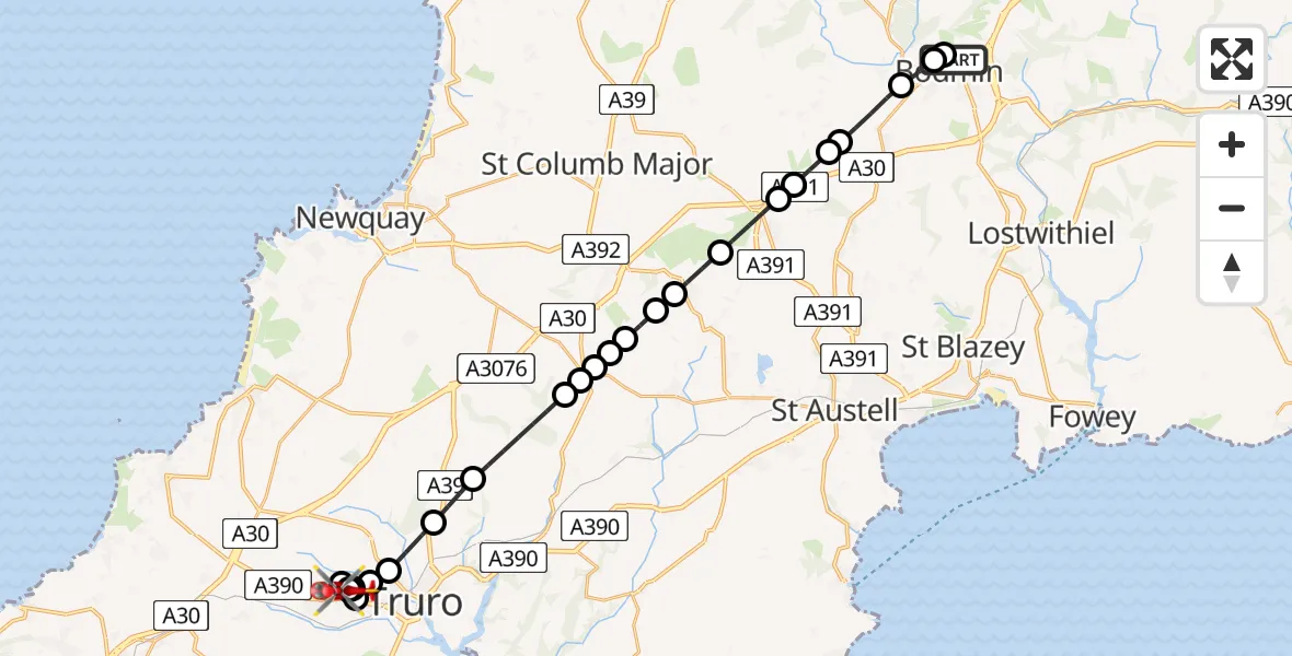 Flight route Air Ambulance Helicopter Bodmin - Treliske Hospital, 15 May 2026, 20:20