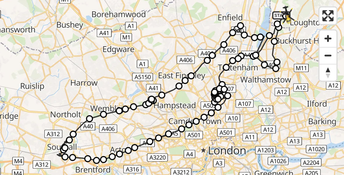 Flight route Police Helicopter Sewardstonebury - Sewardstonebury, 15 May 2026, 20:25