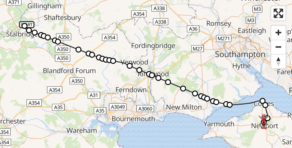 Flight route Air Ambulance Helicopter Henstridge Airfield - St Marys Hospital Isle Of Wight, 15 May 2026, 20:32