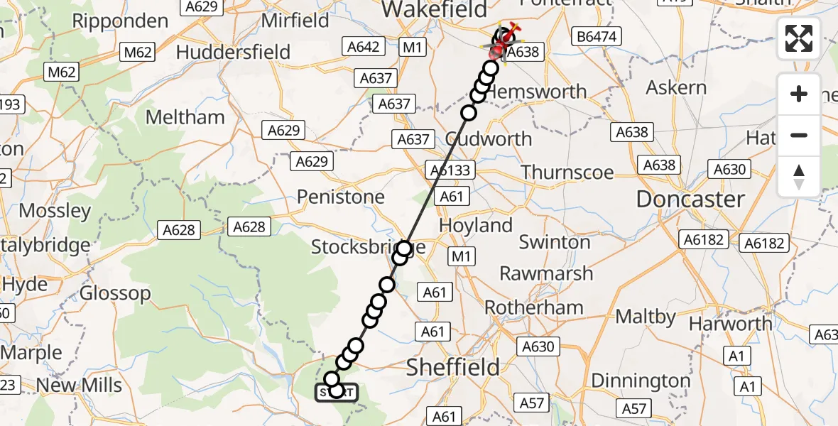 Flight route Air Ambulance Helicopter Sheffield - YAA Nostell Helicopter Port, 15 May 2026, 20:37