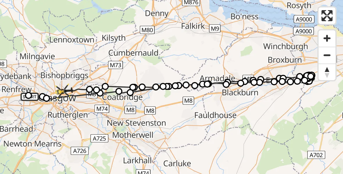 Flight route Police Helicopter Queen Elizabeth Hospital - Glasgow, 15 May 2026, 20:42