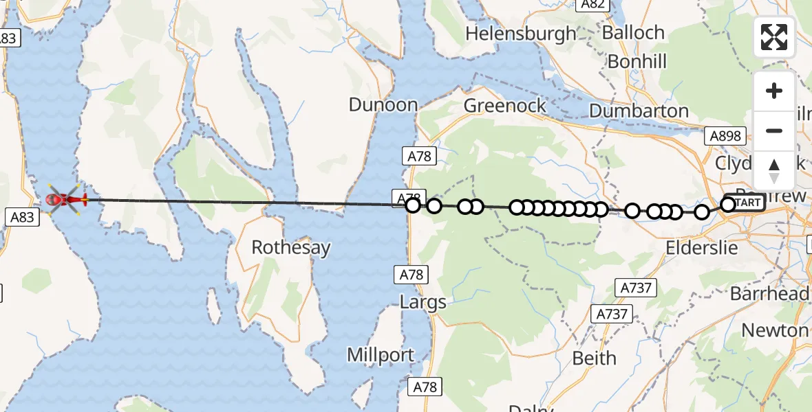 Flight route Air Ambulance Helicopter Glasgow Airport - Inner Seas, 15 May 2026, 20:57
