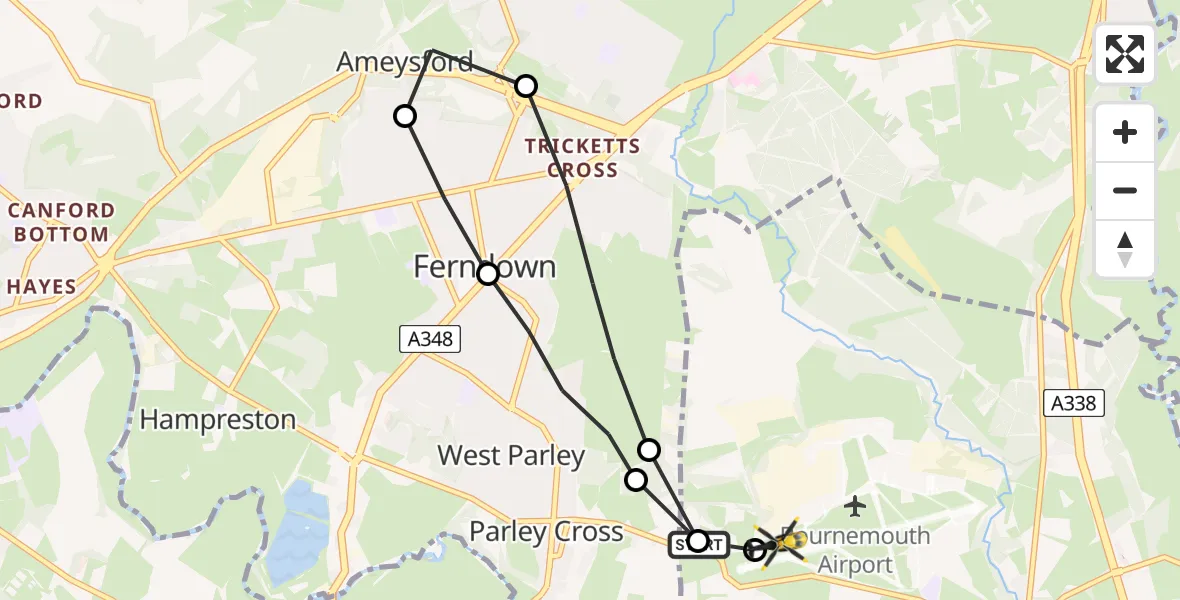 Flight route Police Helicopter Parley Cross - Bournemouth Airport, 15 May 2026, 21:05