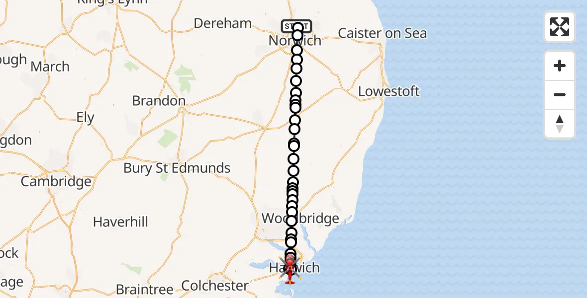 Flight route Air Ambulance Helicopter Norwich Airport - Harwich, 15 May 2026, 21:22
