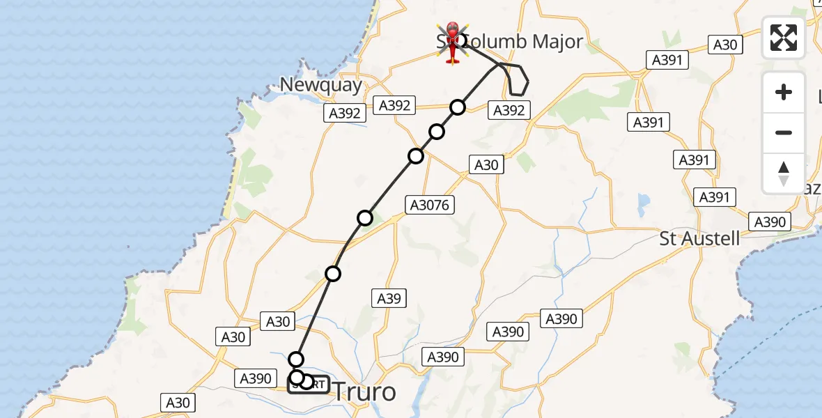 Flight route Air Ambulance Helicopter Treliske Hospital - Cornwall Airport Newquay, 15 May 2026, 21:26