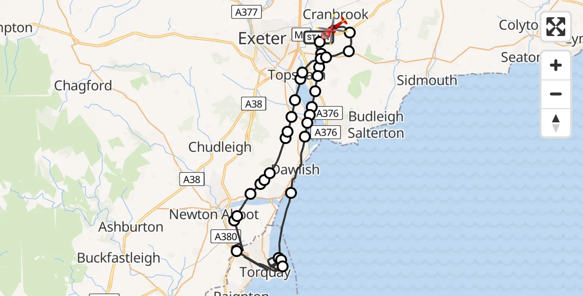 Flight route Air Ambulance Helicopter Exeter International Airport - Exeter International Airport, 15 May 2026, 21:40