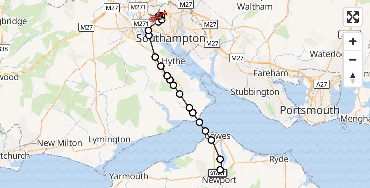 Flight route Air Ambulance Helicopter St Marys Hospital Isle Of Wight - University Hospital Southampton, 15 May 2026, 21:42