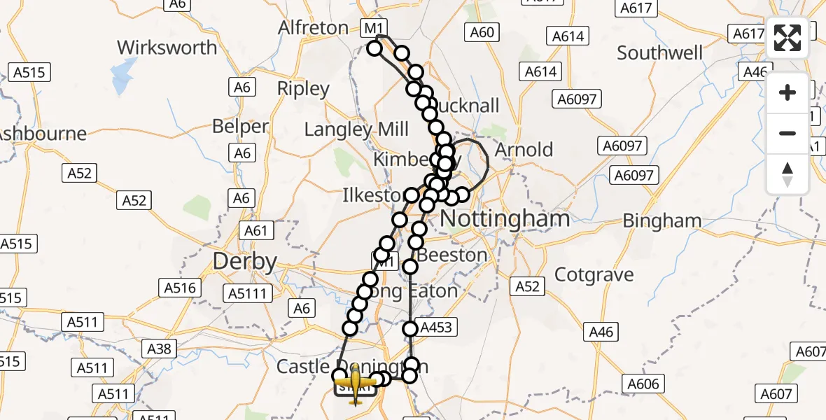 Flight route Police Aircraft East Midlands Airport - East Midlands Airport, 15 May 2026, 21:44
