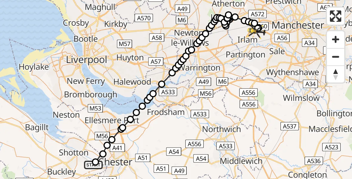 Flight route Police Helicopter Hawarden Airport - Irlam, 15 May 2026, 22:20