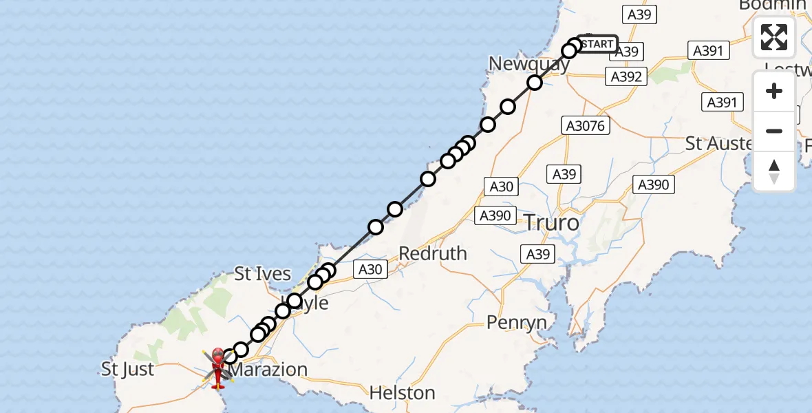 Flight route Air Ambulance Helicopter Cornwall Airport Newquay - Penzance, 15 May 2026, 22:25