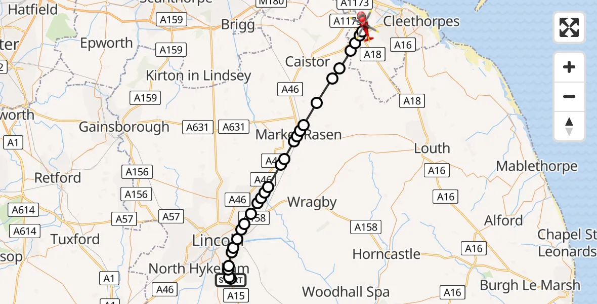 Flight route Air Ambulance Helicopter RAF Waddington - Laceby, 15 May 2026, 22:45