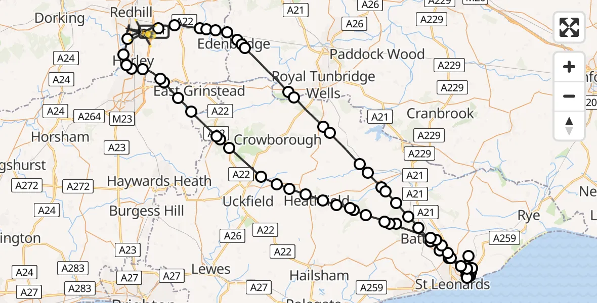 Flight route Police Helicopter South Nutfield - Redhill Aerodrome, 15 May 2026, 22:48