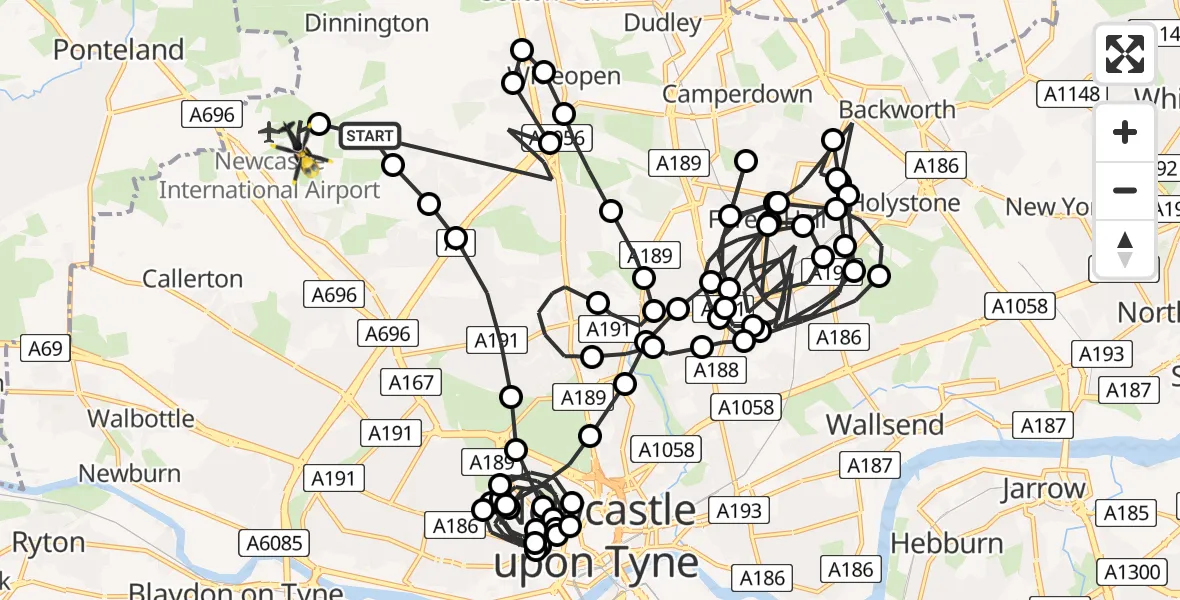 Flight route Police Helicopter Newcastle International Airport - Newcastle International Airport, 15 May 2026, 23:15