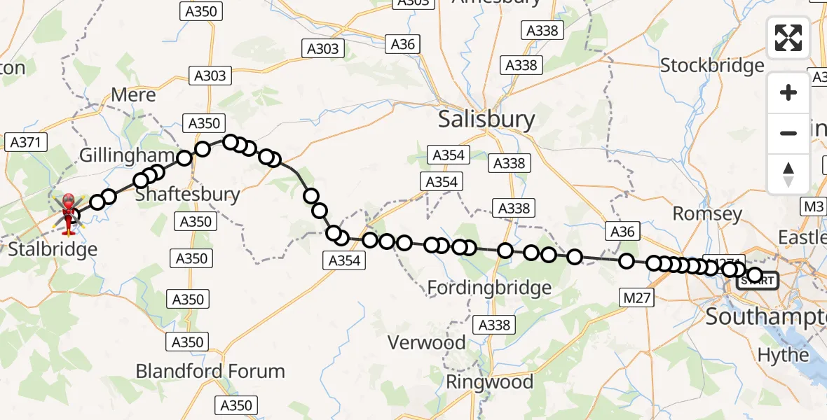 Flight route Air Ambulance Helicopter University Hospital Southampton - Henstridge Airfield, 15 May 2026, 23:18