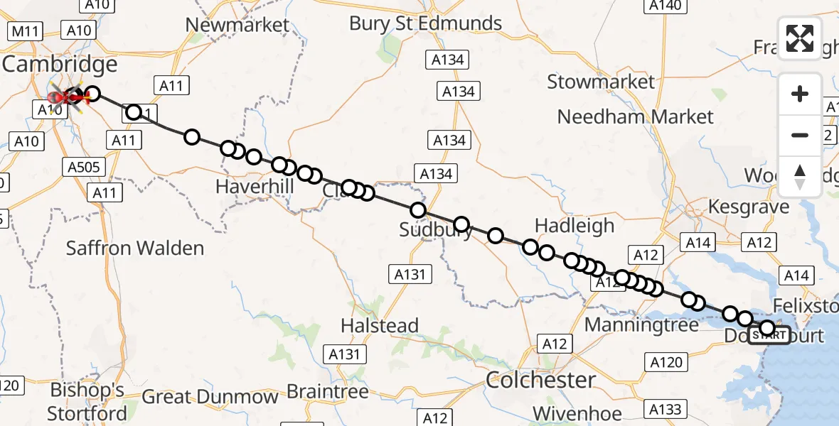 Flight route Air Ambulance Helicopter Harwich - Papworth Hospital, 15 May 2026, 23:21