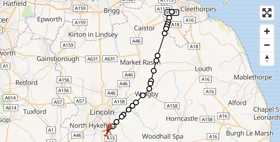 Flight route Air Ambulance Helicopter Grimsby - North Kesteven, 15 May 2026, 23:29