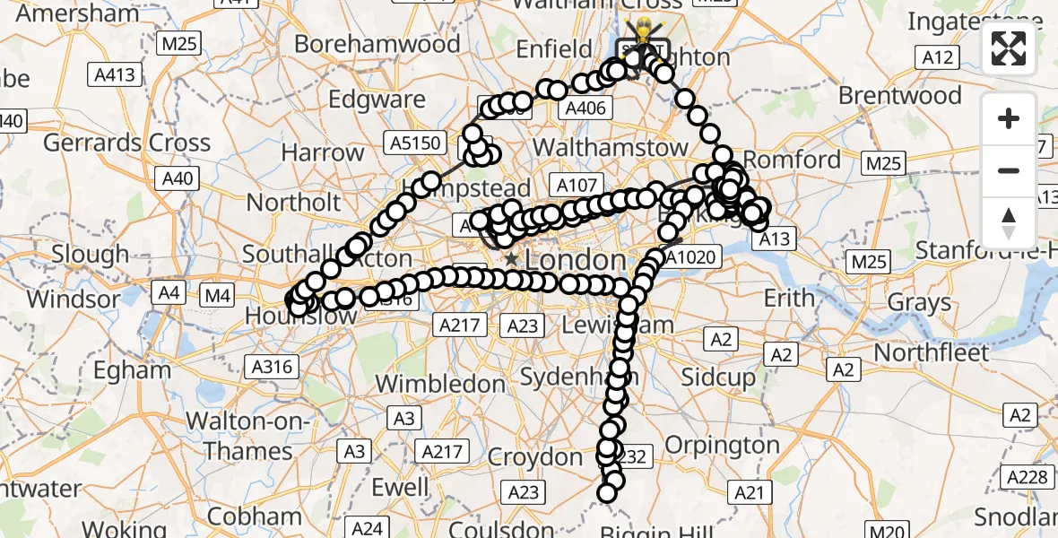 Flight route Police Helicopter Metropolitan Police Air Support Unit Lippitts Hill - Metropolitan Police Air Support Unit Lippitts Hill, 15 May 2026, 23:32