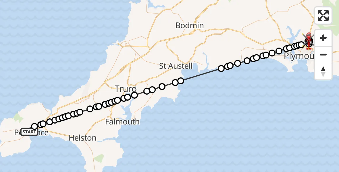 Flight route Air Ambulance Helicopter Penzance - Derriford Hospital, 15 May 2026, 23:52