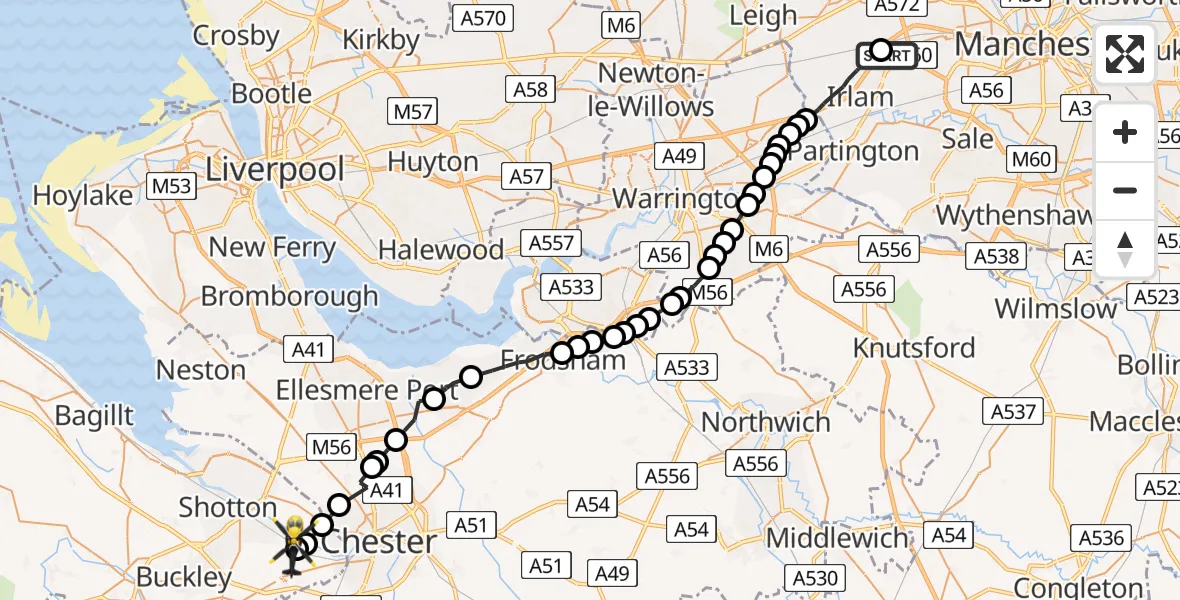 Flight route Police Helicopter Manchester Barton Aerodrome - Hawarden Airport, 16 May 2026, 00:01
