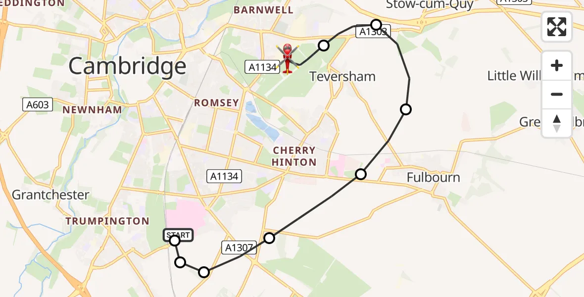 Flight route Air Ambulance Helicopter Papworth Hospital - Cambridge City Airport, 16 May 2026, 00:07