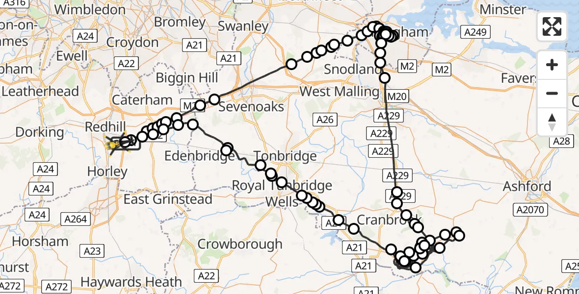 Flight route Police Helicopter South Nutfield - Redhill Aerodrome, 16 May 2026, 00:09